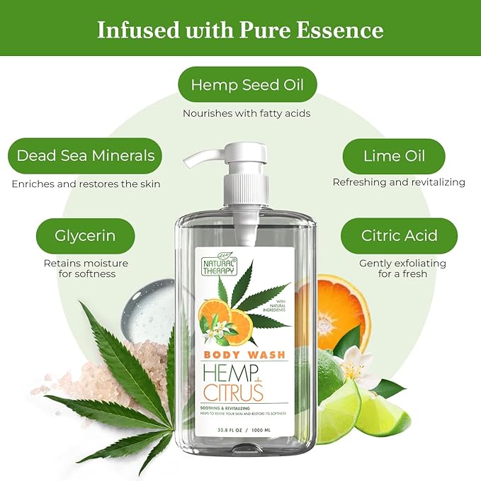 Natural Therapy Body Wash for Women and Men with Hemp & Citrus - Shower Gel Cleanses and Moisturizing Skin - With Dead Sea Minerals Nourish for Body, Pack of 2 (67.6 fl.oz)