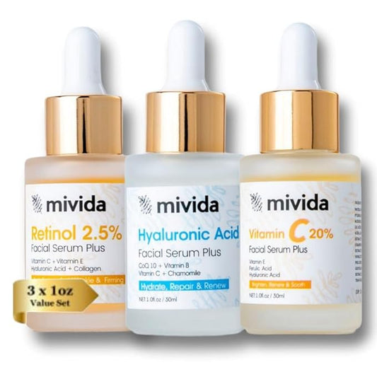 Mivida Anti-Aging Serum Trio| 20% Vitamin C + Hyaluronic Acid + 2.5% Retinol Serums For Face | Brightening, Firming & Hydrating Skincare Set | Reduces Wrinkles, Fine Lines & Dark Spots, 3x1floz