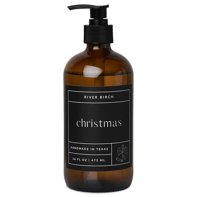 River Birch Christmas Scented Natural Hand Soap - Handmade Soap - Moisturizing Hand Wash with Amber Dispenser - Luxury Scented Hydrating Hand Soap - Vegan and Non Toxic - 16 Fl Oz