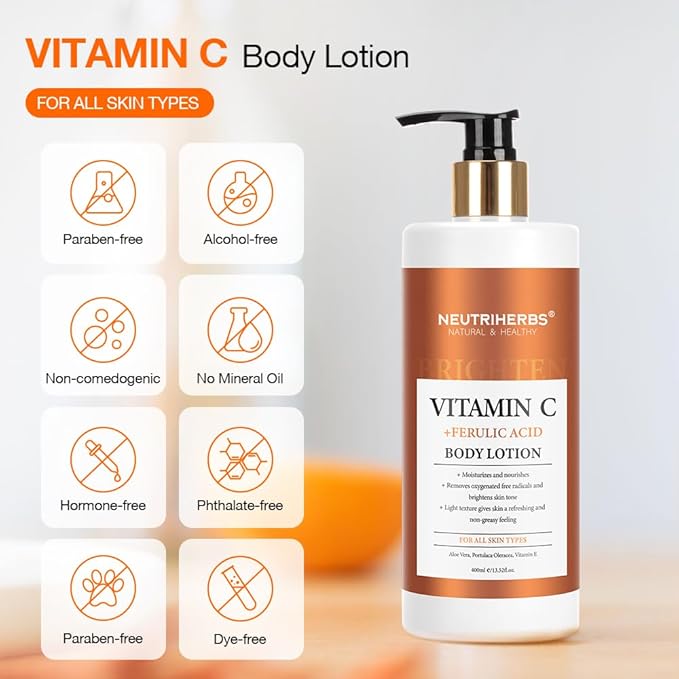 Neutriherbs Body Lotion for Women Dry Skin with Vitamin C + Ferulic Acid Natural Body Lotion Moisturizes and Nourishes for All Skin Types 13.52 Fl Oz Pump Bottle