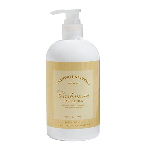 Hillhouse Naturals 16oz Cashmere Hand Lotion. With a soothing melodious composition of roses, magnolia and sampaguita. Made in the USA