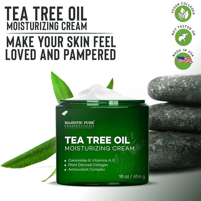 Majestic Pure Tea Tree Oil Moisturizing Cream - Body, Foot & Face Moisturizer - With Ceramides, Vitamins A E & Vegan Collagen - For Dry Skin, Oily Skin, & Appearance Of Wrinkles - 16 oz