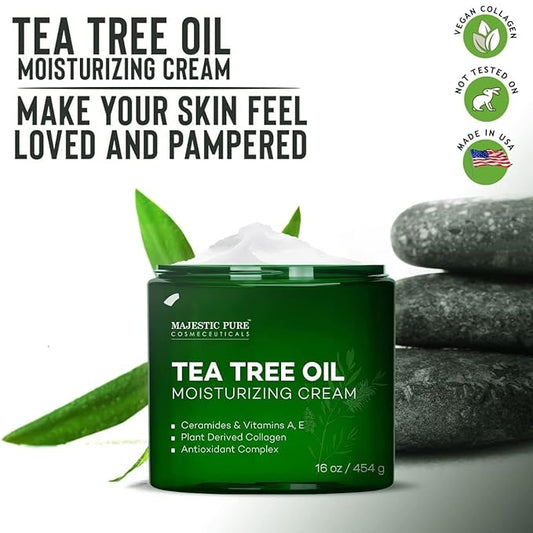 Majestic Pure Tea Tree Oil Moisturizing Cream - Body, Foot & Face Moisturizer - With Ceramides, Vitamins A E & Vegan Collagen - For Dry Skin, Oily Skin, & Appearance Of Wrinkles - 16 oz