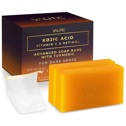 VALITIC Kojic Acid Vitamin C and Retinol Soap Bars with Turmeric for Dark Spot - Original Japanese Complex Infusedwith Collagen, Hyaluronic Acid, Vitamin E (2 Pack) - With Scrub Bag