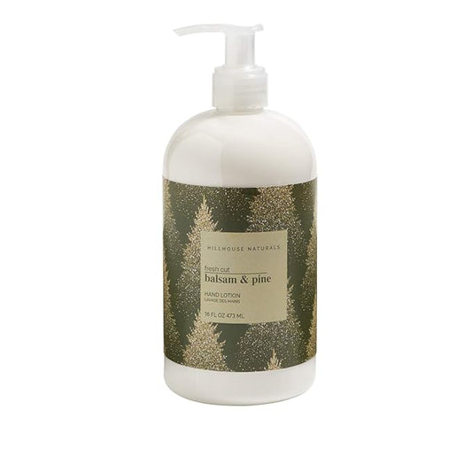 Hillhouse Naturals Fresh Cut Balsam & Pine 16oz Hand Lotion. With a hint of cinnamon that pairs magically to capture the essence of the holiday season. Made in the USA