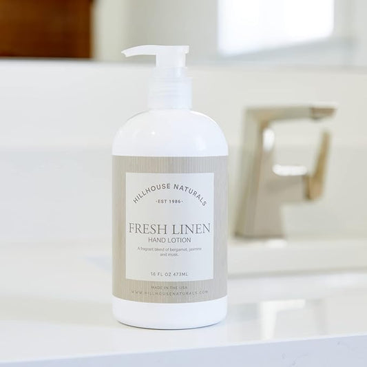 Hillhouse Naturals 16oz Fresh Linen Hand Lotion. With a blend of lemon and orange interwoven with bergamot, rose, jasmine and musk. Made in the USA