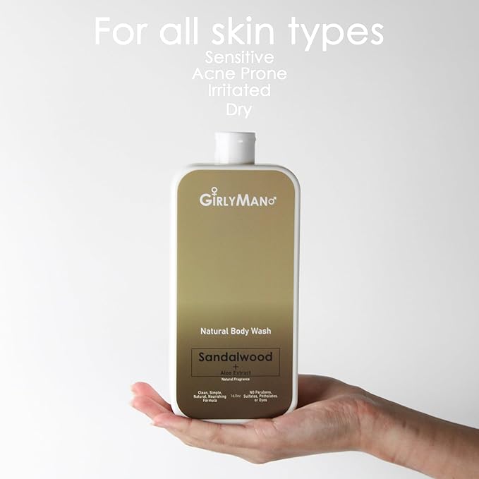 GirlyMan Natural Body Wash - Made with Olive Oil & Aloe Extract, No Artificial Fragrance, PH Balanced, Gentle Formula, Nourishing Ingredients, Family Owned (Sandalwood)