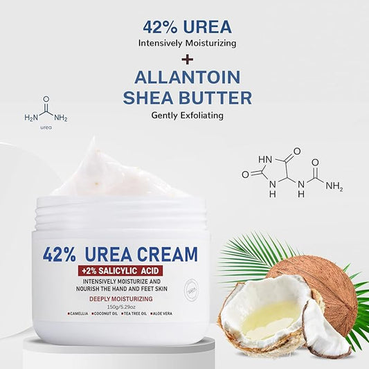 OUKEYA Urea Cream 42% plus Salicylic Acid 2% Net 5.29 Oz for Dry Cracked Feet,Heels,Knees,Elbows,Hands Repair Treatment Moisturizes and Removes Corns,Calluses,Dead Skin,and Softens Toenails Pack of 4