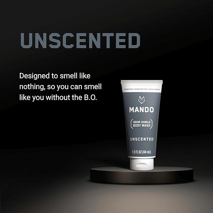 Mando Mini Body Wash - 24 Hour Odor Control - Removes Odor Better than Soap - 1.5 Ounce Tubes (Pack of 4, in 4 scents: Bourbon Leather, Pro Sport, Mt Fuji, Unscented)