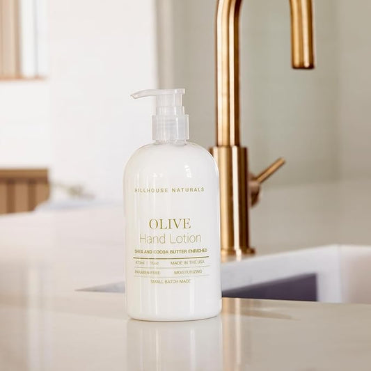 Hillhouse Naturals 16oz Olive Hand Lotion. With scents of Gorjum Balsam, Cedarwood, Rosemary, Patchouli and Olibanum. Made in the USA