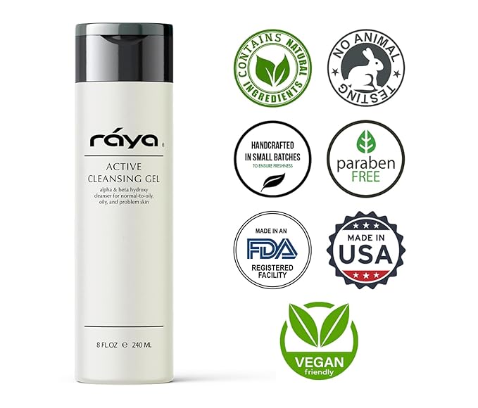 Raya Active Facial Cleansing Gel (G-107), Oil Control Cleanser with AHA and BHA, Deep Pore Gel for Oily and Break-Out Skin, Gentle Face Wash for Women and Men, Suitable for Daily Use, 8oz or 16oz btl