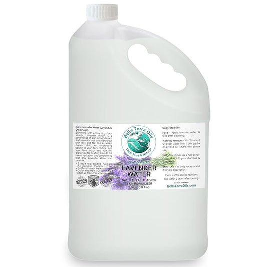 Bella Terra Oils Premium Lavender Water Hydrosol – 1 gallon, Steam Distilled, Refreshing Skin Tonic, Soothing Aroma, Hydrating for Skin