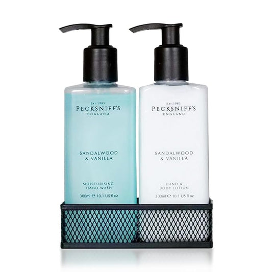 Pecksniff's Kitchen Soap Dispenser Set, Moisturizing Liquid Hand Soap Lotion Set for Kitchen Sink Bathroom Countertop with Black Metal Mesh Caddy, 10.14 Fl oz (Sandalwood and Vanilla)