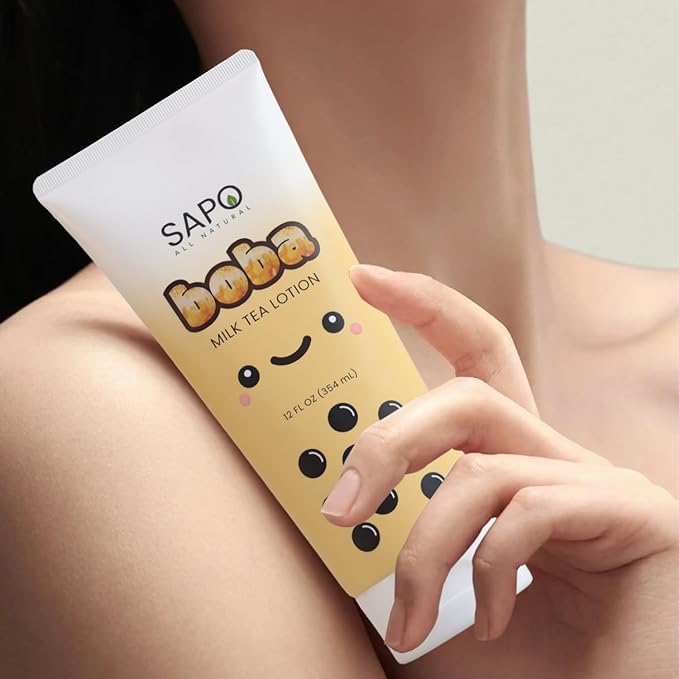 Sapo Boba Milk Tea Body Lotion - Hydrating Moisturizer with Aloe, Hyaluronic Acid, Coffee Extract and Vitamin E - Sweet Caramel Scent, 12 oz