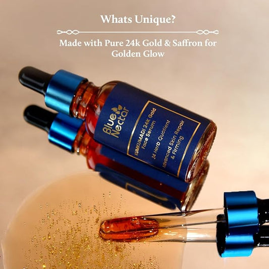 Blue Nectar 24K Gold Serum with Pure Kumkumadi Oil for Face | Ayurvedic Collagen Face Serum for Skin Tightening & Natural Radiance (24 Herbs, 1Fl Oz)