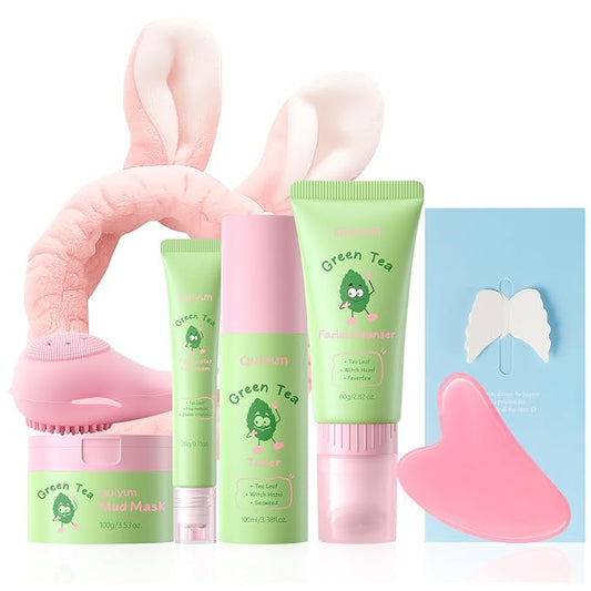 Green Tea Skin Care Set, Korean Style Facial Skincare Products, Routine Skin Care for Teens, Gift Set with Toner, Facial Cleanser, Clay Mask, Eye Cream, GUASHA Broad, Face Wash Brush & Headband