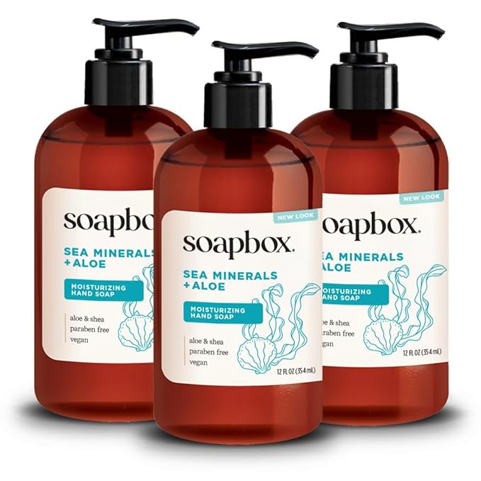 Soapbox Liquid Hand Soap, Sea Minerals & Aloe - Gentle & Moisturizing Hand Wash for Kitchen and Bathroom, Vegan & Cruelty Free Scented Hand Soap 12 Ounce Pump Bottles (Pack of 3)