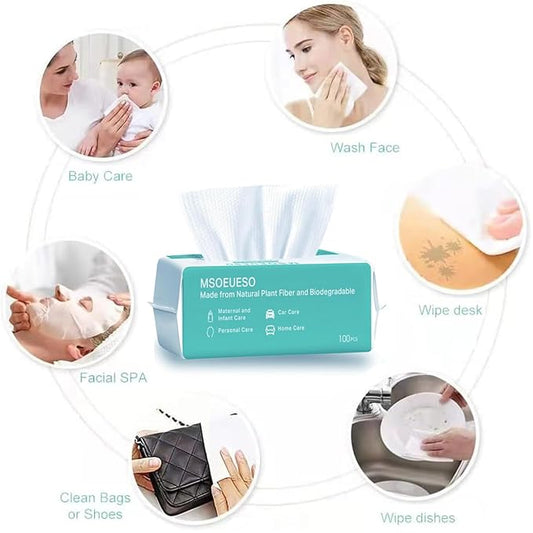 MSOEUESO Soft Dry Wipes Cotton Facial Tissues, 100 Count Disposable Face Towels, Cotton Face Towel for Sensitive Skin, Facial Cleansing, Makeup Removing, Surface Cleaning