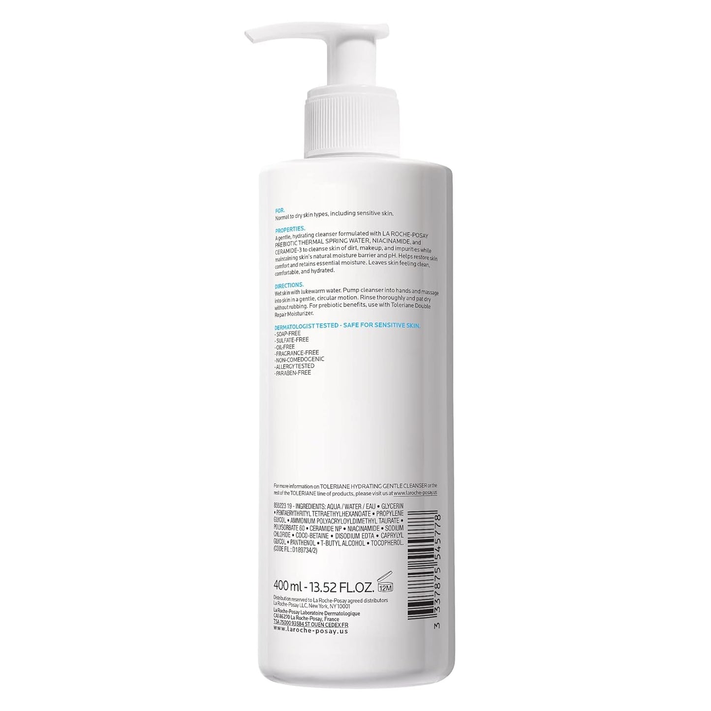 La Roche-Posay Toleriane Hydrating Gentle Face Cleanser – Daily Cream Cleanser with Niacinamide & Ceramides for Dry to Normal, Sensitive Skin