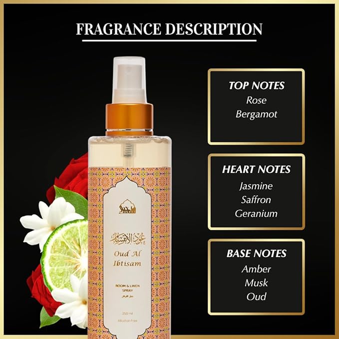 Oud al Ibtisam Arabic Room Spray by Dukhni | 250ml Oud fragrance Air Freshener, Attar al Faraash for home & prayer mats | Bed linen, Sofa Mist, natural home scent, curtain spray, odour eliminator