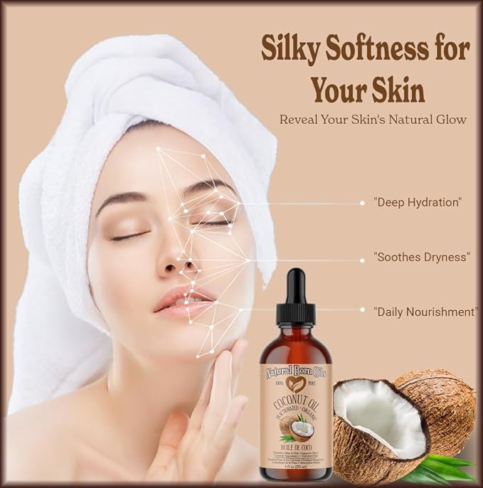 Coconut Oil Fractionated, 8oz, Organic, Cold-Pressed, Non-Greasy, Skin Moisturizer, Hair Shine Enhancer, Natural Born Oils.