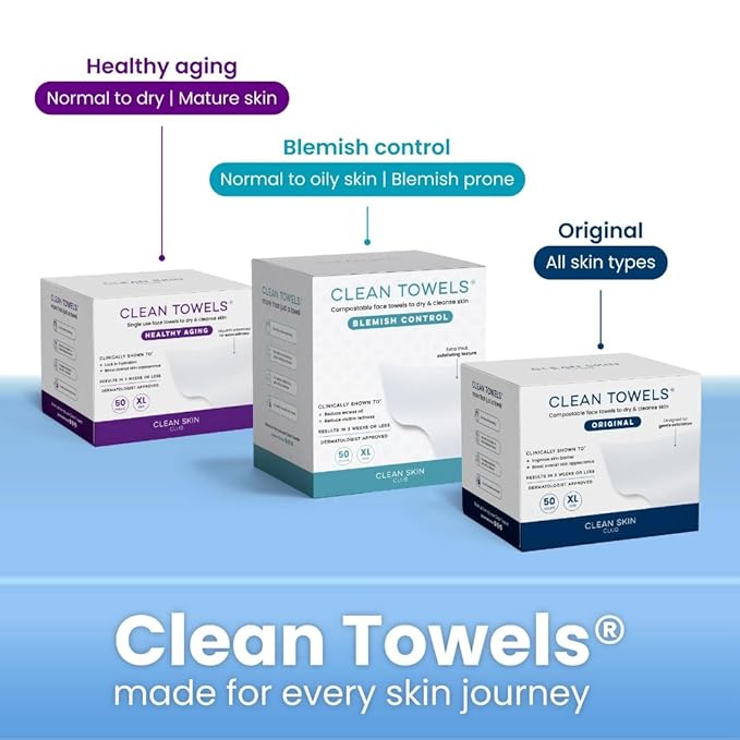Clean Skin Club Clean Towels XL®, 100% USDA Biobased Face Towel, Disposable Face Towelette, Eczema Association Accepted, Makeup Remover Dry Wipes, Ultra Soft, 50 ct per pack, 3 Packs, 150 Ct Total