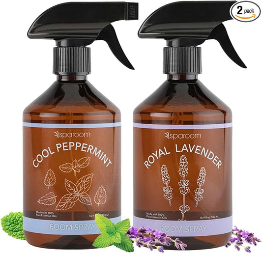 SpaRoom Linen Spray 2-Pack Combo – Cool Peppermint & Royal Lavender Aromatherapy Set with Essential Oils, Mist for Bedding, Linens, and Home – 2 x 16.9 oz Variety Pack