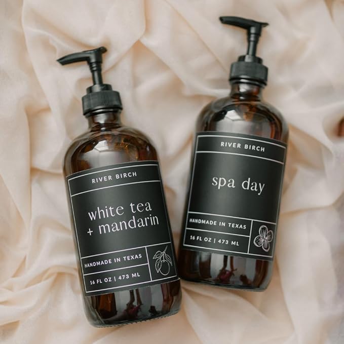 River Birch White Tea + Mandarin Scented Natural Hand Soap - Handmade Soap - Moisturizing Hand Wash with Amber Glass Dispenser - Luxury Scented Hydrating Hand Soap - Vegan and Non-Toxic - 16 Fl Oz