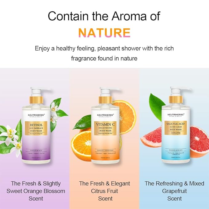 Neutriherbs Brightening Body Wash for Dull,Uneven Skin, Vitamin C Brightening Shower Gel For Women And Men, Daily Shower Soap With Papain, Niacinamide - Citrus Scent 16.9 Fl.Oz