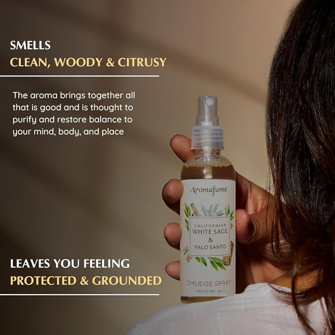 Aromafume White Sage & Palo Santo Smudge Spray 100ml/3.3 oz | Sage Spray for Cleansing Negative Energy & Protection | Non-Toxic | Room Spray for Spiritual Cleansing, Smokeless Sage Smudging