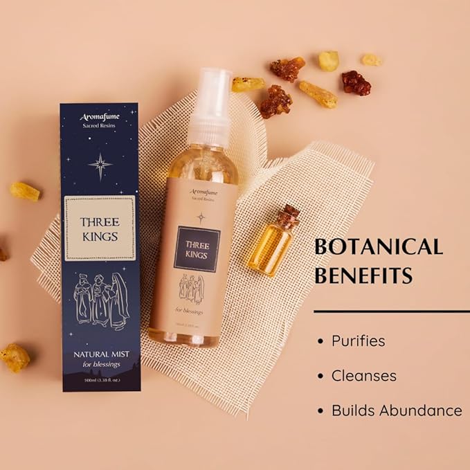 Three Kings Natural Resin Mist Spray by Aromafume | 1 x 100ml / 3.38 fl oz | Ideal for Spirituality & Rituals | Made with Pure Boswellia, Serrta & Benzoin extracts | Non-Alcoholic, Non-Toxic & Vegan