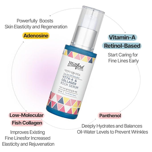 Vita A & Collagen Rich Serum 30ml/ 1FL Oz, Fish/Marine Collagen, Face Cream, Anti Aging, Facial Moisturizer, Wrinkes, Fine Lines, Retinyl Palmitate, Korean Skincare