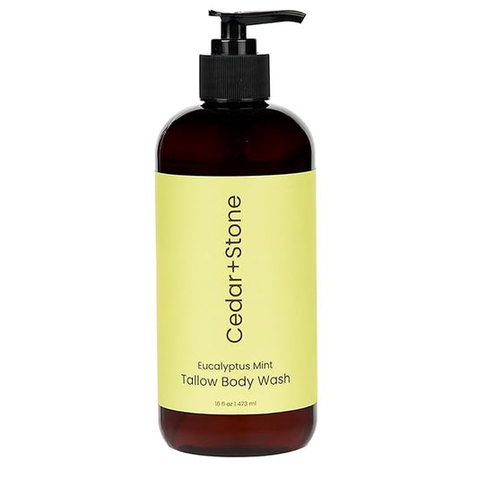 Cedar + Stone Tallow Body Wash – Liquid Tallow Soap & Shower Gel with USDA Organic Oils – Deeply Moisturizing, Sulfate-Free Cleanser for Sensitive Skin – Eucalyptus & Mint – Made in USA, 16oz