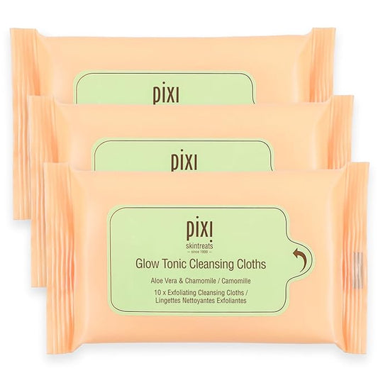 Pixi Beauty Glow Tonic Cleansing Cloths | Cleansing, Exfoliating, and Hydrating Disposable Face Towelettes | 3 Packs of 10 Face Wipes (30 Wipes Total)