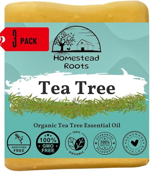 -Tea Tree- Handcrafted with Grass-Fed Beef Tallow and Organic Oils - Scented with Organic Essential Oils - Artisanal Bar Soap - USA MADE - 3 Pack - Each Bar Unique