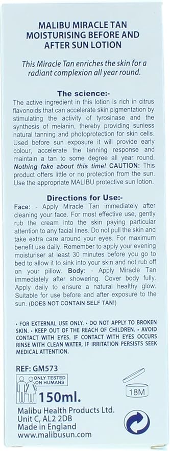 Malibu Miracle Tan Extender Lotion - After Sun Lotion & Deep Bronzing Enhancer, Hydrating Body Moisturizer with Aloe Vera & Vitamin E, Boosts Melanin, Summer Vacation Essential, Made in UK, 5 Fl Oz