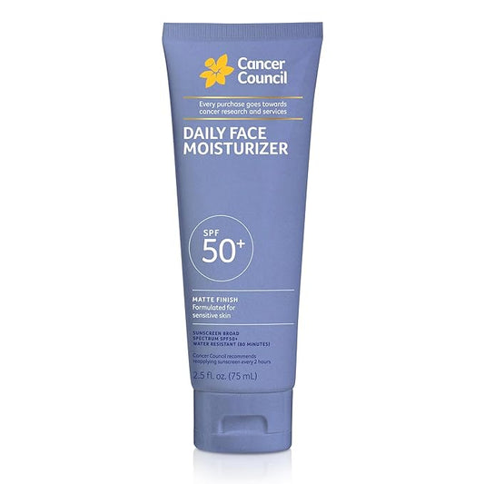 Cancer Council Daily Moisturizer Sunscreen for Face, SPF50+, Sun Care with Green Tea Extract Broad Spectrum UVA/UVB Sun Protection, Sensitive Skin, Paraben & Fragrance Free, Water Resistant, 2.5fl. Oz