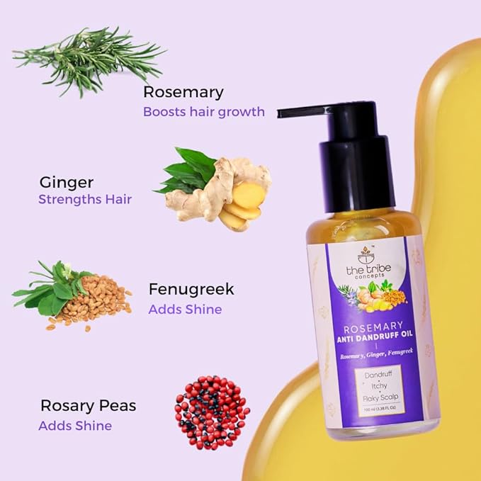 The Tribe Concepts Rosemary Anti Dandruff Hair Oil - Strengthens Hair, Itchy Flakes Scalp, Dandruff Remover with Rosemary, Ginger, Fenugreek, Pippali for Men Women 100 ml Pack of 1 Gold