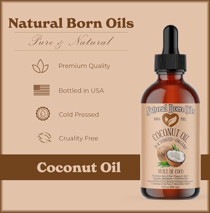 Coconut Oil Fractionated, 8oz, Organic, Cold-Pressed, Non-Greasy, Skin Moisturizer, Hair Shine Enhancer, Natural Born Oils.