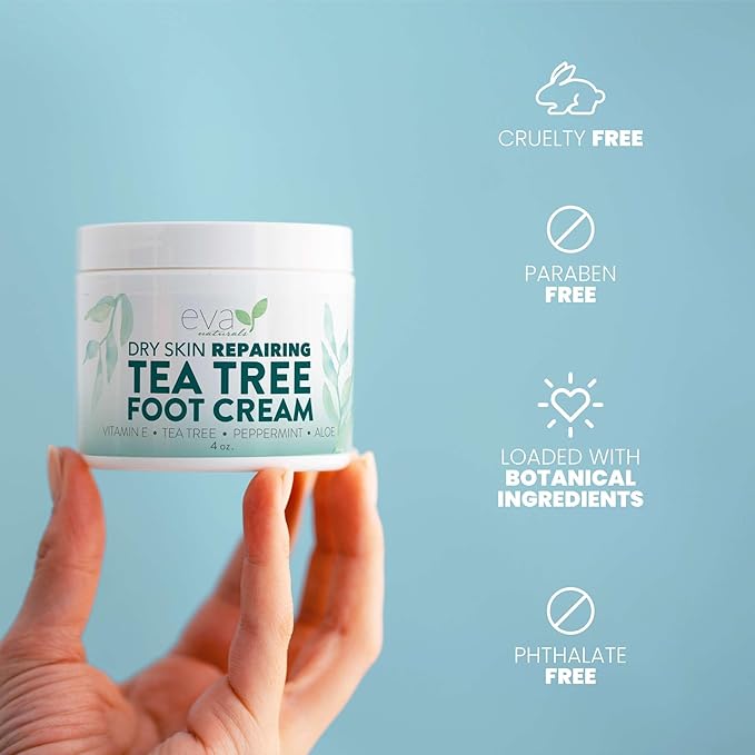 Eva Naturals Tea Tree Foot Cream – Moisturising Foot Lotion & Balm for Dry, Cracked Heels & Feet with Peppermint, Menthol, Spearmint, Aloe, Sunflower Oil & Geranium – Cream for Men & Women, 4 Fl Oz