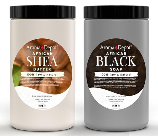 Raw African Black Soap & Shea Butter Ivory / White2 lbs / 32 oz COMBO PACK Cleanser and Moisturizer Set 100% Raw-Pure Unrefined I For all skin types I Can be used for Hair, Body and Face I