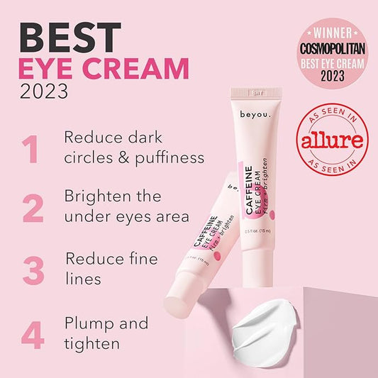 Beyou. Caffeine Eye Cream - K-Beauty Clean Skin Care - Anti-Aging Hydrating Under Eyes Cream with Caffeine and Hyaluronic Acid - Reduces Puffiness, Dark Circles & Fine Lines - Korean Skincare - 0.5 oz