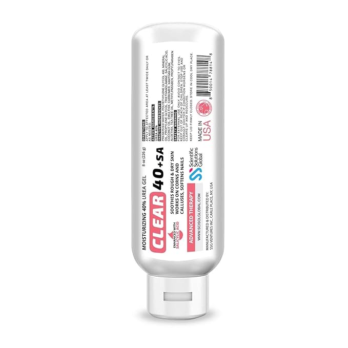 CLEAR 40 +SA, 40% Urea Gel + 2% Salicylic Acid, 8 oz w/Tea Tree & Coconut Oil, Aloe Vera, Callus & Corn Remover Softens Cracked Heels, Feet, Elbows, Hands, Nails, Superior hydration to Urea Creams