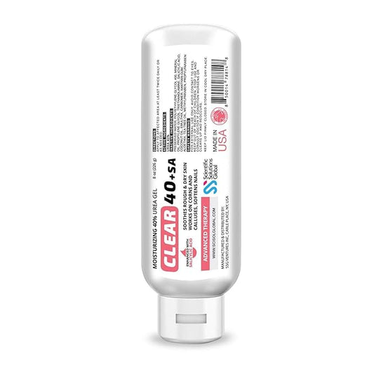 CLEAR 40 +SA, 40% Urea Gel + 2% Salicylic Acid, 8 oz w/Tea Tree & Coconut Oil, Aloe Vera, Callus & Corn Remover Softens Cracked Heels, Feet, Elbows, Hands, Nails, Superior hydration to Urea Creams