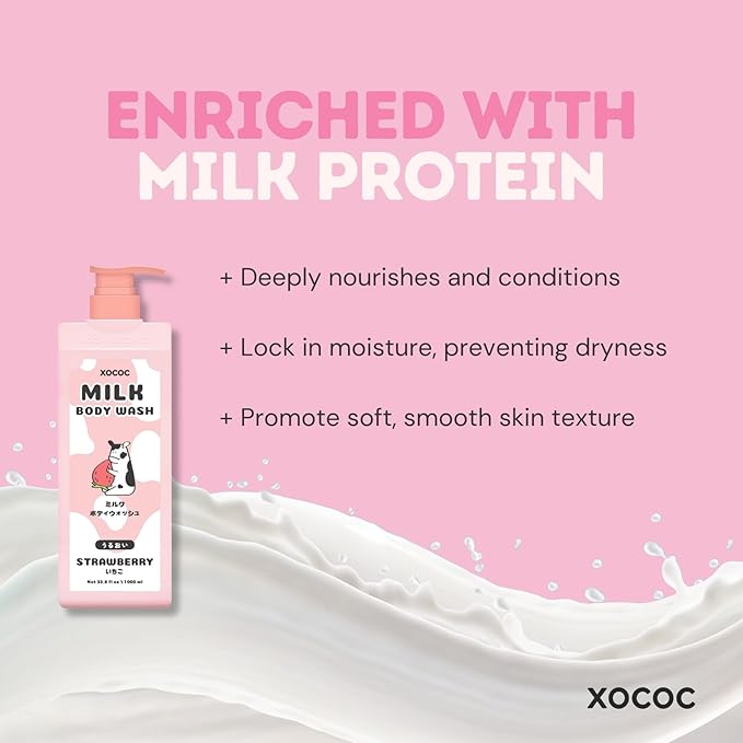 Strawberry Milk Body Wash, Hydrating Daily Cleanser for Soft Smooth Skin, Infused with Milk Protein & Strawberry Scent, Skin-Friendly Formula, 33.8 fl oz
