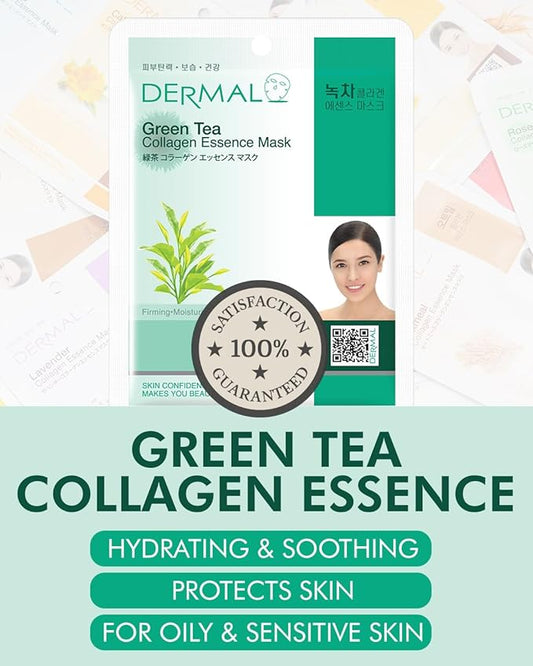 DERMAL Green Tea Collagen Essence Facial Mask Sheet 23g Pack of 10 - Hydrating and Soothing for Sensitive Oily Skin, Revitalize Dull Skin, Daily Skin Treatment Solution Sheet Mask