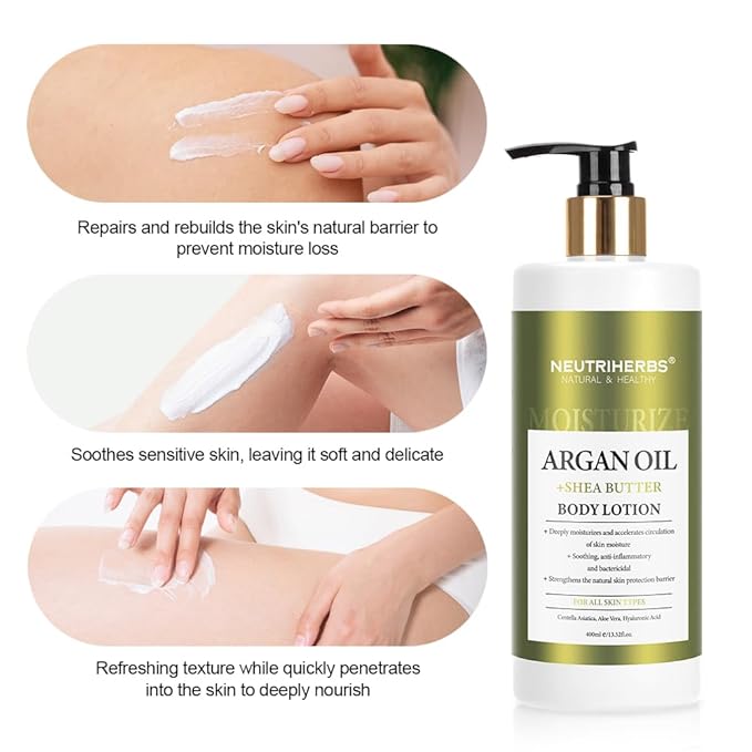 Neutriherbs Body Lotion for Women and Men, Argan Oil + Shea Butter Body Cream, Deep Moisture and Soothin Skin, Plump Bottle - 13.52 Fl Oz