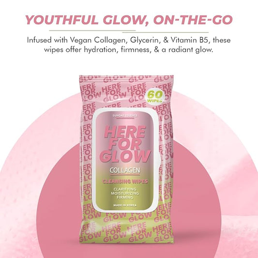 Collagen Facial Wipes - Dermatologist-Tested, Korean Skin Care, Hydrating & Firming Face Wipes for Cleansing & Refreshing - Gentle, Vegan, 95% Natural - 1 Pack