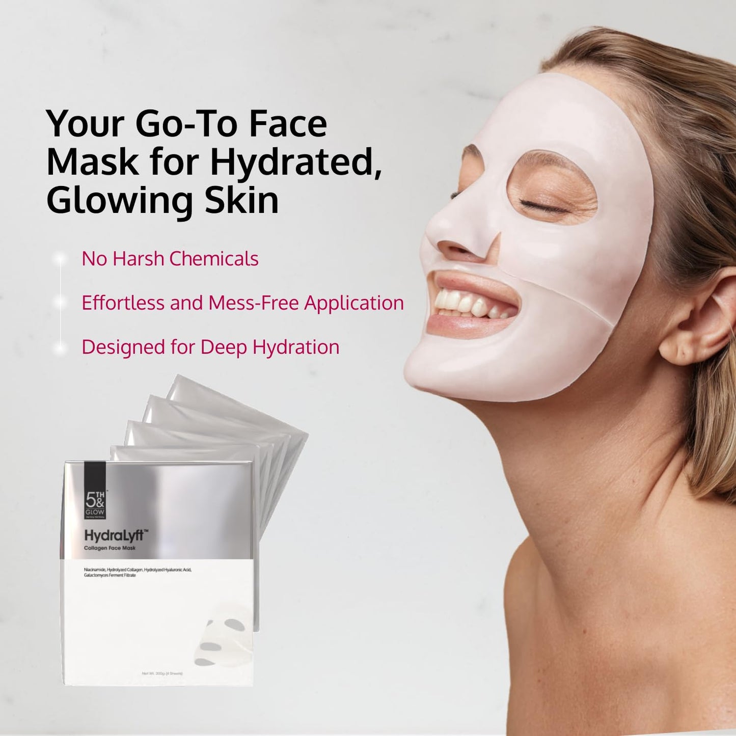 Hydralyft Collagen Face Mask – Korean Hydrogel Sheet Mask with Hyaluronic Acid & Niacinamide for Deep Hydration, Firming & Anti-Aging – Glass Skin Collagen Mask for Youthful Glow – 4 Sheets