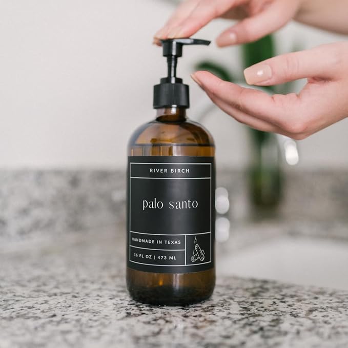 River Birch Palo Santo Scented Natural Hand Soap - Handmade Soap - Moisturizing Hand Wash with Amber Glass Dispenser - Luxury Scented Hydrating Hand Soap - Vegan and Non-Toxic - 16 Fl Oz